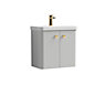 Curve Wall Hung 2 Door Vanity Basin Unit - 600mm - Gloss Grey Mist with Brushed Brass Drop Handles (Tap Not Included)