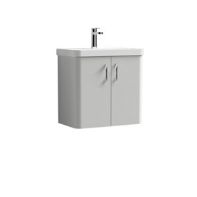 Curve Wall Hung 2 Door Vanity Basin Unit - 600mm - Gloss Grey Mist with Chrome D Shape Handles (Tap Not Included)