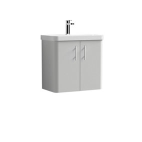 Curve Wall Hung 2 Door Vanity Basin Unit - 600mm - Gloss Grey Mist with Chrome Knurled Bar Handles (Tap Not Included)