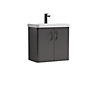 Curve Wall Hung 2 Door Vanity Basin Unit - 600mm - Gloss Grey with Black D Shape Handles (Tap Not Included)