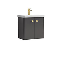 Curve Wall Hung 2 Door Vanity Basin Unit - 600mm - Gloss Grey with Brushed Brass Drop Handles (Tap Not Included)