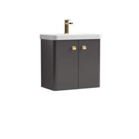 Curve Wall Hung 2 Door Vanity Basin Unit - 600mm - Gloss Grey with Brushed Brass Drop Handles (Tap Not Included)