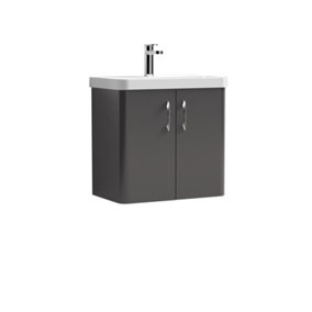 Curve Wall Hung 2 Door Vanity Basin Unit - 600mm - Gloss Grey with Chrome D Shape Handles (Tap Not Included)