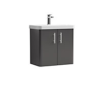 Curve Wall Hung 2 Door Vanity Basin Unit - 600mm - Gloss Grey with Chrome Knurled Bar Handles (Tap Not Included)