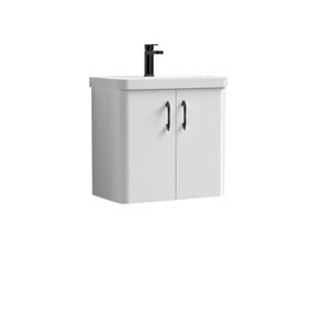 Curve Wall Hung 2 Door Vanity Basin Unit - 600mm - Gloss White with Black D Shape Handles (Tap Not Included)