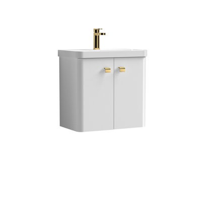 Curve Wall Hung 2 Door Vanity Basin Unit - 600mm - Gloss White with Brushed Brass Drop Handles (Tap Not Included) Price Comparisons | Compare The Build