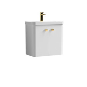 Curve Wall Hung 2 Door Vanity Basin Unit - 600mm - Gloss White with Brushed Brass Drop Handles (Tap Not Included)