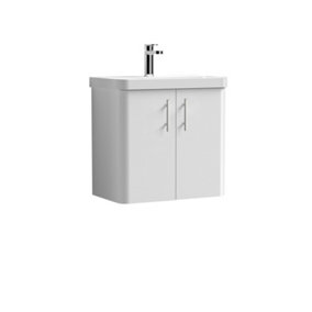 Curve Wall Hung 2 Door Vanity Basin Unit - 600mm - Gloss White with Chrome Knurled Bar Handles (Tap Not Included)
