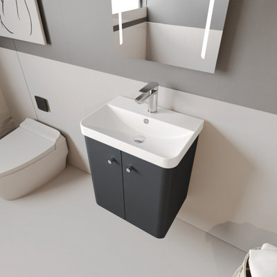 Curve Wall Hung 2 Door Vanity Unit with Ceramic Sink - 500mm  - Soft Black - Balterley