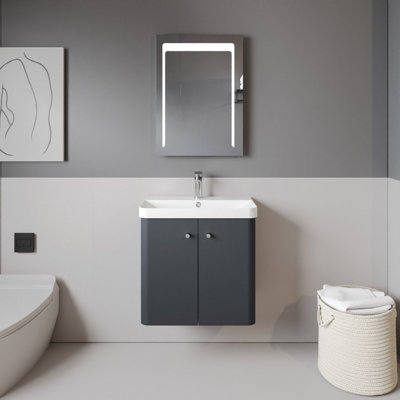 Curve Wall Hung 2 Door Vanity Unit with Ceramic Sink - 600mm  - Soft Black - Balterley