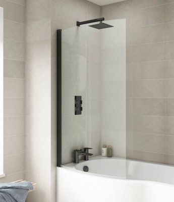 Curved 6mm Toughened Safety Glass Reversible P-Bath Screen - Black- Balterley