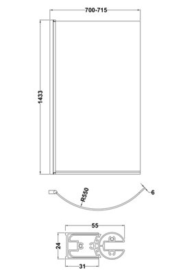Curved 6mm Toughened Safety Glass Reversible P-Bath Screen - Black- Balterley - 3