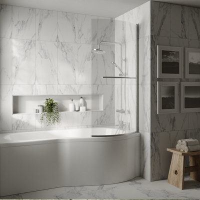 Curved 6mm Toughened Safety Glass Reversible P-Bath Screen with Towel Rail - Chrome - Balterley