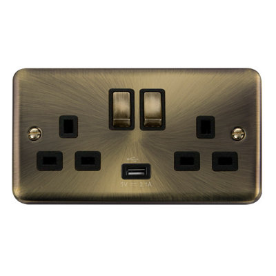 Curved Antique Brass 2 Gang 13A DP Ingot 1 USB Twin Double Switched Plug Socket - Black Trim - SE Home
