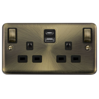 Curved Antique Brass 2 Gang 13A DP Ingot Type A & C USB Twin Double Switched Plug Socket - Black Trim - SE Home