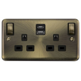 Curved Antique Brass 2 Gang 13A DP Ingot Type A & C USB Twin Double Switched Plug Socket - Black Trim - SE Home
