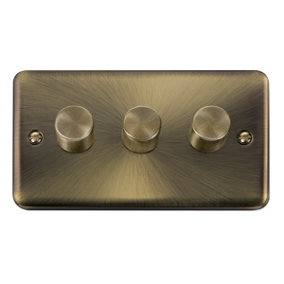 Curved Antique Brass 3 Gang 2 Way LED 100W Trailing Edge Dimmer Light Switch - SE Home