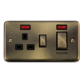 Curved Antique Brass Cooker Control Ingot 45A With 13A Switched Plug Socket & 2 Neons - Black Trim - SE Home
