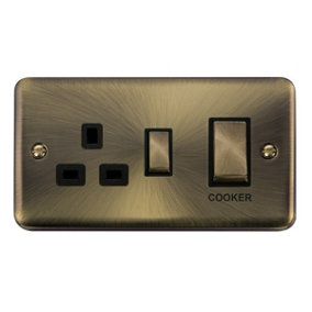 Curved Antique Brass Cooker Control Ingot 45A With 13A Switched Plug Socket - Black Trim - SE Home