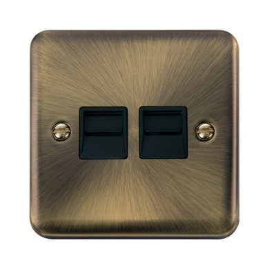 Curved Antique Brass Secondary Telephone Twin Socket - Black Trim - SE Home