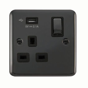 Curved Black Nickel 1 Gang 13A DP Ingot 1 USB Switched Plug Socket - Black Trim - SE Home