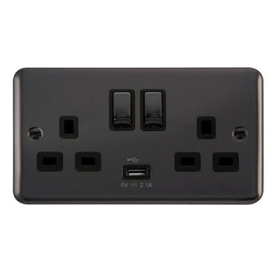 Curved Black Nickel 2 Gang 13A DP Ingot 1 USB Twin Double Switched Plug Socket - Black Trim - SE Home