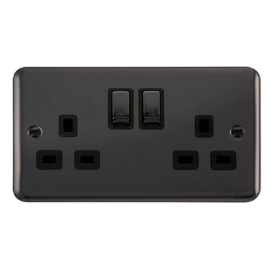 Curved Black Nickel 2 Gang 13A DP Ingot Twin Double Switched Plug Socket - Black Trim - SE Home