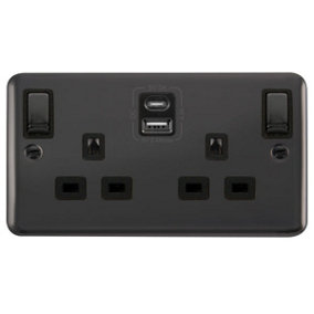 Curved Black Nickel 2 Gang 13A DP Ingot Type A & C USB Twin Double Switched Plug Socket - Black Trim - SE Home