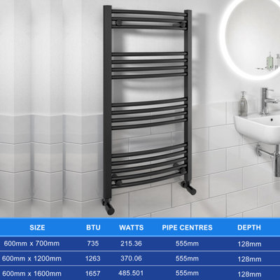 Curved Black Towel Rail Heated Ladder Modern Bathroom Radiator 600mmX700mm