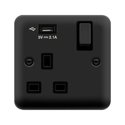 Curved Matt Black 1 Gang 13A DP Ingot 1 USB Switched Plug Socket - Black Trim - SE Home