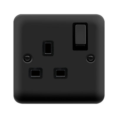 Curved Matt Black 1 Gang 13A DP Ingot Switched Plug Socket - Black Trim - SE Home