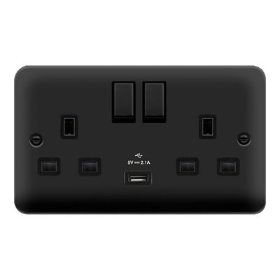 Curved Matt Black 2 Gang 13A DP Ingot 1 USB Twin Double Switched Plug Socket - Black Trim - SE Home