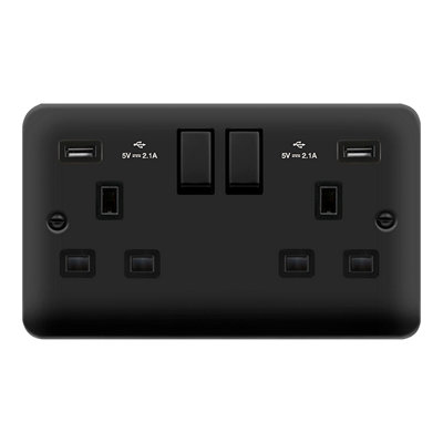 Curved Matt Black 2 Gang 13A DP Ingot 2 USB Twin Double Switched Plug Socket - Black Trim - SE Home