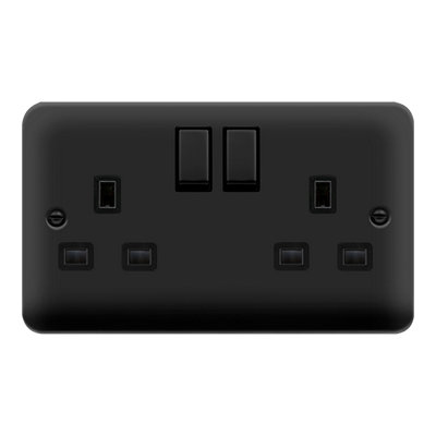 Curved Matt Black 2 Gang 13A DP Ingot Twin Double Switched Plug Socket - Black Trim - SE Home