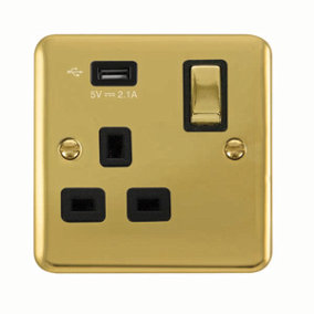 Curved Polished Brass 1 Gang 13A DP Ingot 1 USB Switched Plug Socket - Black Trim - SE Home