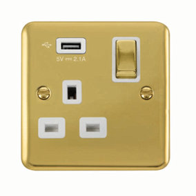 Curved Polished Brass 1 Gang 13A DP Ingot 1 USB Switched Plug Socket - White Trim - SE Home