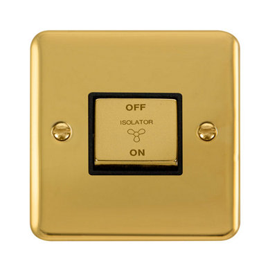 Curved Polished Brass 10A 1 Gang Ingot 3 Pole Fan Isolation Switch - Black Trim - SE Home