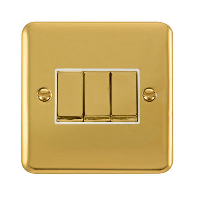 Curved Polished Brass 10A 3 Gang 2 Way Ingot Light Switch - White Trim - SE Home