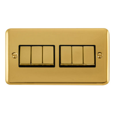 Curved Polished Brass 10A 6 Gang 2 Way Ingot Light Switch - Black Trim - SE Home