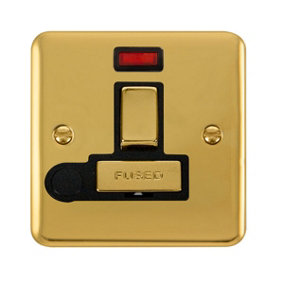 Curved Polished Brass 13A Fused Ingot Connection Unit Switched With Neon With Flex - Black Trim - SE Home