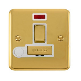 Curved Polished Brass 13A Fused Ingot Connection Unit Switched With Neon With Flex - White Trim - SE Home