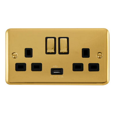 Curved Polished Brass 2 Gang 13A DP Ingot 1 USB Twin Double Switched Plug Socket - Black Trim - SE Home