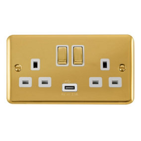 Curved Polished Brass 2 Gang 13A DP Ingot 1 USB Twin Double Switched Plug Socket - White Trim - SE Home