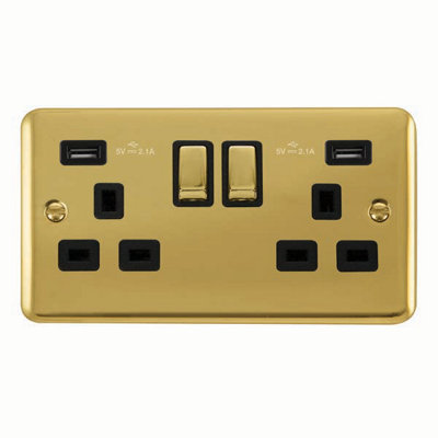 Curved Polished Brass 2 Gang 13A DP Ingot 2 USB Twin Double Switched ...