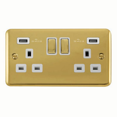 Curved Polished Brass 2 Gang 13A DP Ingot 2 USB Twin Double Switched Plug Socket - White Trim - SE Home