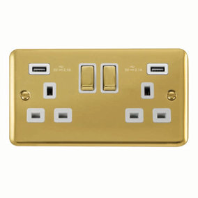 Curved Polished Brass 2 Gang 13A DP Ingot 2 USB Twin Double Switched Plug Socket - White Trim - SE Home