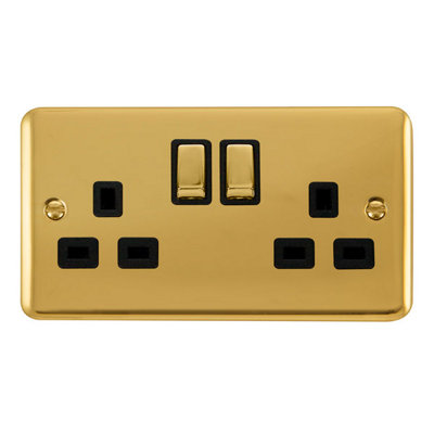 Curved Polished Brass 2 Gang 13A DP Ingot Twin Double Switched Plug Socket - Black Trim - SE Home