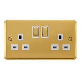 Curved Polished Brass 2 Gang 13A DP Ingot Twin Double Switched Plug Socket - White Trim - SE Home