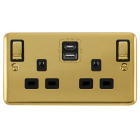 Curved Polished Brass 2 Gang 13A DP Ingot Type A & C USB Twin Double Switched Plug Socket - Black Trim - SE Home