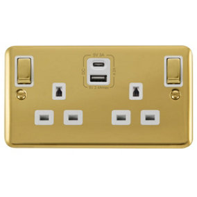Curved Polished Brass 2 Gang 13A DP Ingot Type A & C USB Twin Double Switched Plug Socket - White Trim - SE Home